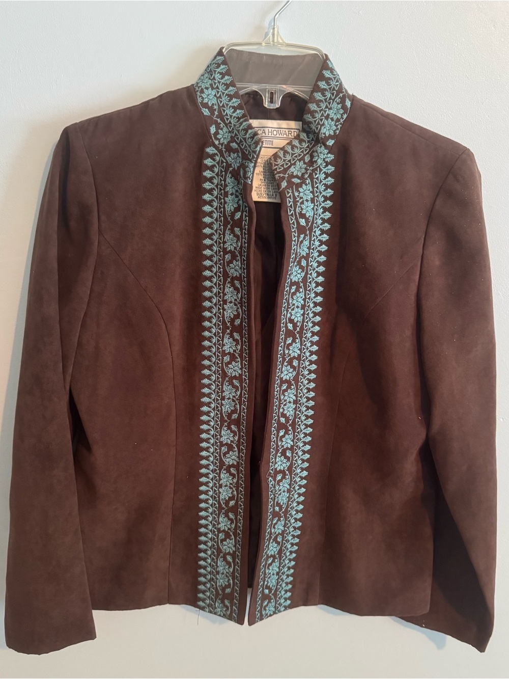 Jessica Howard Brown Ultra Suede Blazer with Turquoise Embroidery